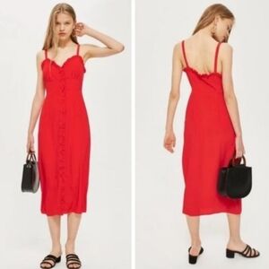 Topshop Red Button Down Ruffle Detail Midi Dress Romantic Flirty Feminine Size 6